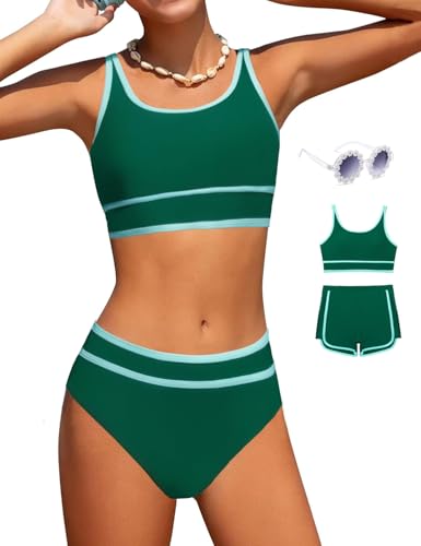 Image of Girls Swimsuits 3 Piece Bathing Suit Bikini Set with Sporty Shorts and Sunglasses Beach Swimwear for Girl 8-15 Years