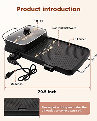 Moongiantgo Hot Pot With Grill 2000W Hotpot Pot Electric With Grill Indoor 5-Fires Adjustable Seperate Dual Temperature Control Non-Stick Shabu Shabu Pot Korean Bbq Grill Smokeless (Stainless Steel Handle, 110V) #TOP5