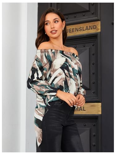 OYOANGLE Women's Off Shoulder High Low Tunic Tops Allover Print Long Puff Sleeve Blouse4