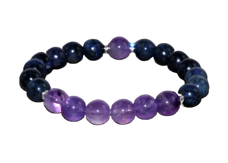 LKBEADSNatural Amethyst & Dumortierite Gemstone round 8mm smooth 7inch Beads Stretchble bracelet crystal healing energy stone bracelet for Women & Men Adjustable Size