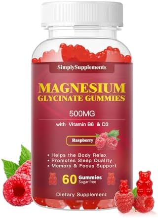 Magnesium Glycinate Gummies 500mg, Chewable Magnesium Supplement with Vitamin D3, B6, CoQ10, for Relaxation, Sleep & Mood Support, Calm Magnesium Gummies - 60 Raspberry Gummies