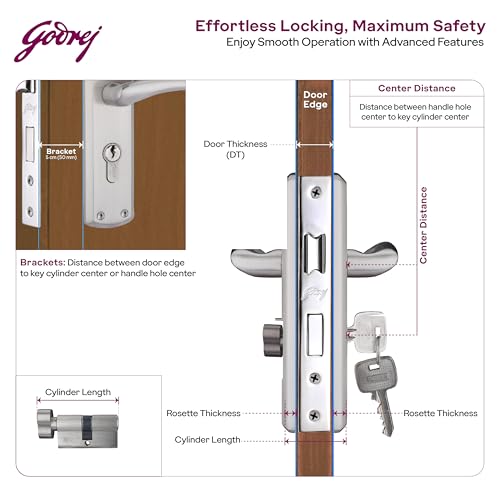 Image of Godrej Mortise Lock | BM 01 Handle Lock Set | 200mm Lockbody | Europrofile Cylinder 60mm Knob from Inside | for Home & Office | Satin Steel Finish | 3 Keys | Double-Throw Deadbolt | 1 Year Warranty