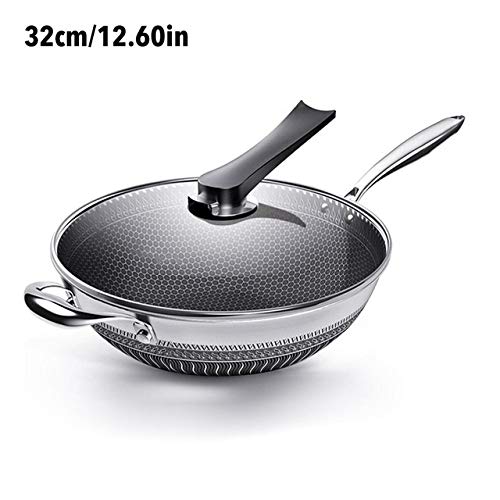 Nonstick Frying Pan Stainless Steel Wok Honeycomb Frying Pan with Glass Lid Saute Pan Kitchen Cookware (32Cm)?32cm?32cm?32cm