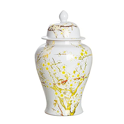 QULONG Classic Flower and Orcelana jarrones con Tapa, glaseado Jarra de Porcelana, Sala de Estar con gabinete de Vino Art General Jar Decoración del hogar,Blanco,M