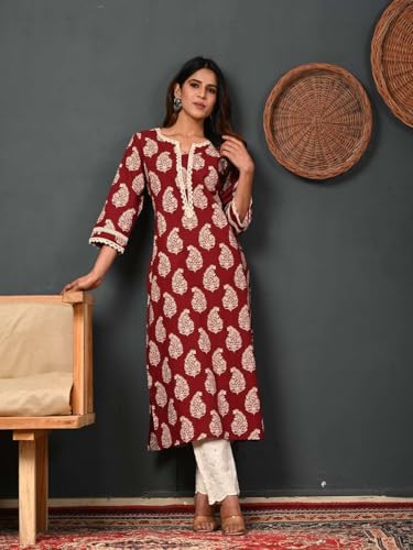 Image of Rimeline Women's Cotton Printed Kurta with Lace Yoke Detail | Elegant Straight Fit Ethnic Wear for Office, Casual & Daily Styling