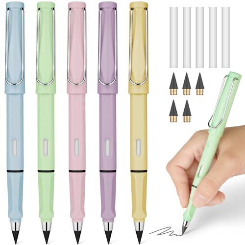 Ainiv Inkless Pencil with Eraser, 5 Sets Infinity Pencil Everlasting Pencil, Reusable Infinite Pencil with Extra 5 Eraser & 5 Replaceable Nibs, Endless Pencil for Home Office School Writing Drawing