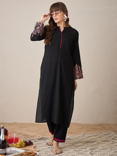 Image of INDO ERA Women's Straight Cotton Blend Ethnic Motifs Embroidered Kurta & Pant Set (KS9BK10495)