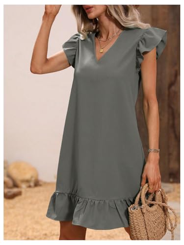 Image of SOLY HUX Summer Dresses for Women V Neck Cap Sleeve Ruffle Hem Smock Short Dress Plain Grey X-Small