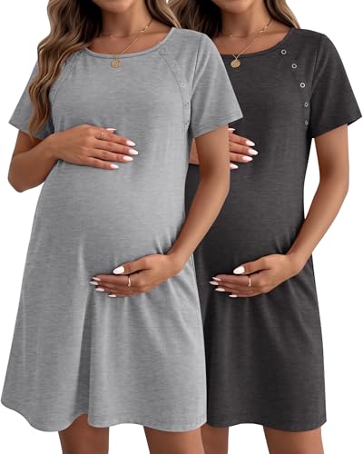 Huukeay 2 Pack Labor and Delivery Hospital Gown Women Nursing Birthing Maternity Dress 3 In1 Breastfeeding Buttons Pjs Robe(Dark Gray Light Gray XL)