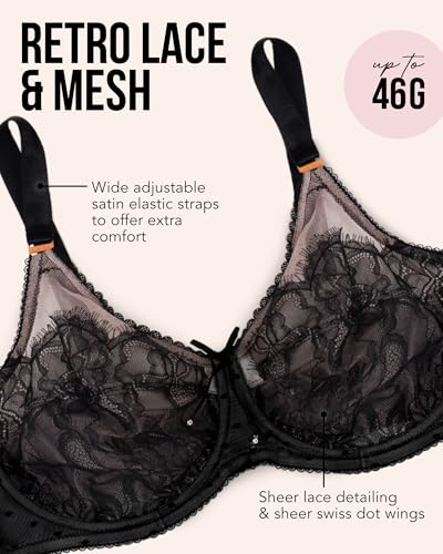 Image of Smart & Sexy Women's Full Coverage Unlined Underwire Bra, Lace & Mesh See Through Bra, Plus Size Lingerie Inspired Retro Bra