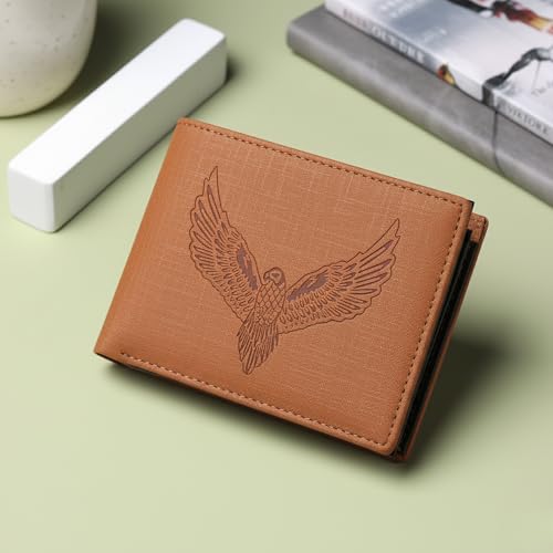 Image of VEMILIO Vegan Leather Wallet for Men | Eagle Print Embossed Premium Bifold Wallet | 3 Card Slots | 2 Cash Compartments | 1 Coin Pocket & 2 Secret Slots | Stylish, Durable & Gift for Men (Eagle, Tan)
