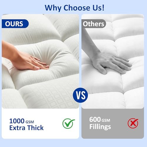 SurChic Queen Size Mattress Topper for Back Pain, Soft Extra Thick Pillow Top Mattress Pad Cover with 1000GSM Down Alternative Filler, Cooling Breathable Plush Bed Topper Protector (8-21" Deep Pocket) - 2