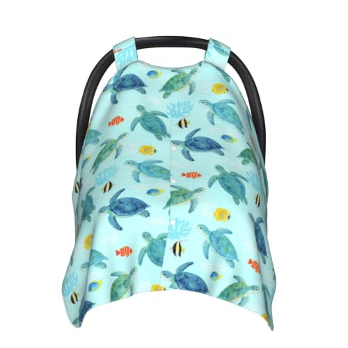 Image of Sea Turtle Baby Car Seat Canopy Cover, Stroller Cover for Infant Toddler Ocean Beach Theme Stuff for All Seasons