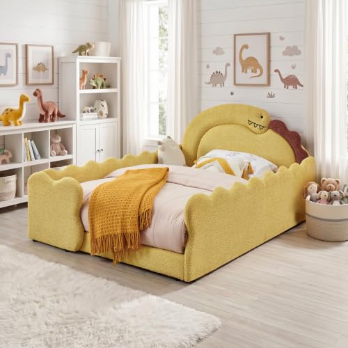 Image of Full Size Kids Bed with Dinosaur Headboard, Upholstered Boucle Fabric Twin Daybed with Slats Support & Side Pocket, Space-Saving Wooden Corner Sofa Couch Day Bed Frame for Girl, Boy, Teenager(Yellow)