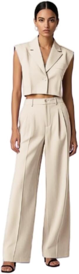 Summer Sleeveless Blazer 2 Pcs Outfits Set Womens Tuxedos Vest and Wide Pants Business Wedding Work