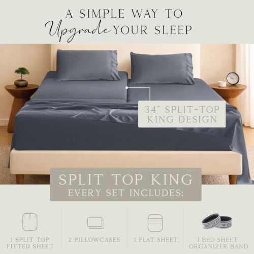 Image of KARISSA MAE Bamboo Viscose 34 inch Split Top King Size Sheet Set, FSC Certified | Single 34 inch Split Fitted Sheet | Sleep Number & Adjustable Bed | Cooling | 18 inch Deep Pocket w / Corner Straps [Charcoal Grey]