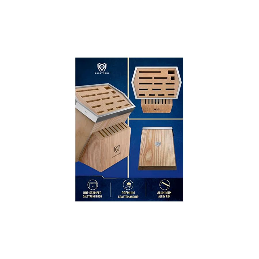 DALSTRONG-Universal-Knife-Block-23-Slots-Premium-American-Ash-Wood-Aluminum-Alloy-Rim-Kitchen-Set-Lion-Head-Logo-Badge-Premium-Craftsmanship-Knife-Set-Angled-For-Ergonomics-Cleans-Easily DALSTRONG Universal Knife Block - 23 Slots - Premium American Ash Wood - Aluminum Alloy Rim Kitchen Set - Lion Head Logo Badge - Premium Craftsmanship Knife Set - Angled For Ergonomics - Cleans Easily