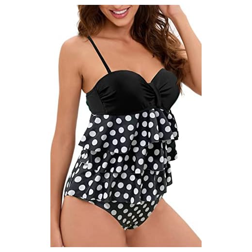 Traje de Baño Mujer Una Pieza Bañadores Mujer Reductores Bandeau Push Up Volante Tankinis Tallas Grandes Correa de Hombro Ajustable (Lunares Negros, XXL)