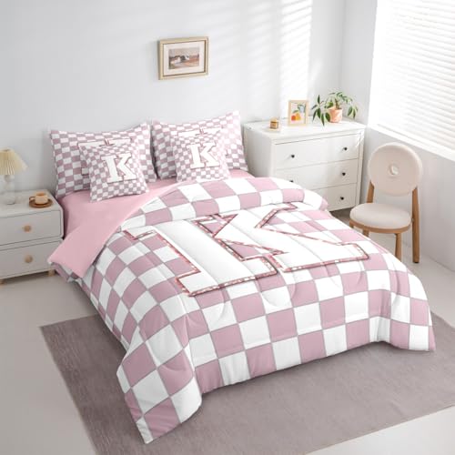 Image of Erosebridal Pink Initial K Queen Bedding Set 7 Piece Kawaii Plaid Checkered Bed in A Bag with Sheets Cute Personalized Monogram Comforter Set for Kids Girls Teen Women,Fashion Grids Gingham Bed Sets