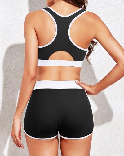 Image of Women Two Piece Sporty Bikini Set Athletic Swimsuits with Boy Shorts Bottom | Racerback, Crop top, Drawstring, Bathing suits, Mid Rise, Padded bra, Full lining, Scoop neck, Full coverage
