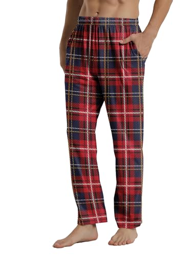 Men's Soft Plaid Pajama Pants with Pockets - Long Elastic Waist Sleepwear for Winter, Cozy Fleece-Lined Lounge Bottoms