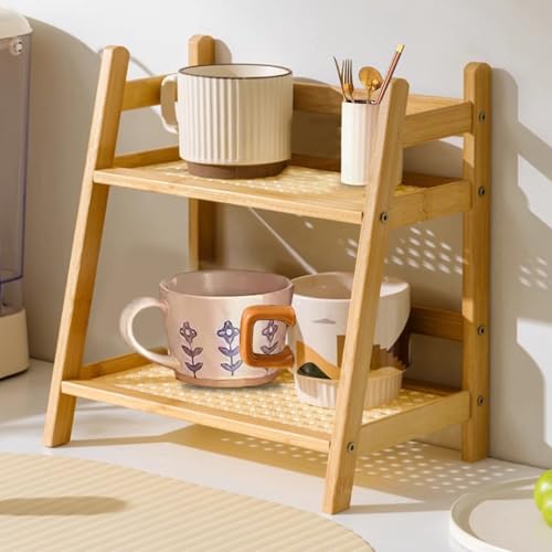 CM-UHNM 2 Etagen Tassenregal Küchenregal Arbeitsplatte für Tassenregal Holz Gewürzregal Holz für Aufbewahrung Küchenorganizer Tee Aufbewahrung