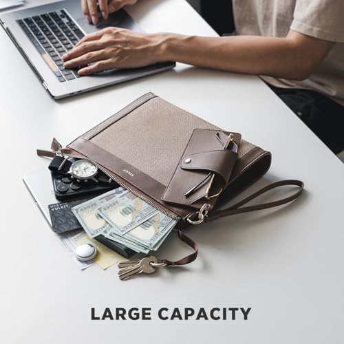 VULKIT Clutch Bag for Men with Removable Glasses Case, Large Mens Wrist Band Wallet, Business Hand Bag, Mocha Beige3