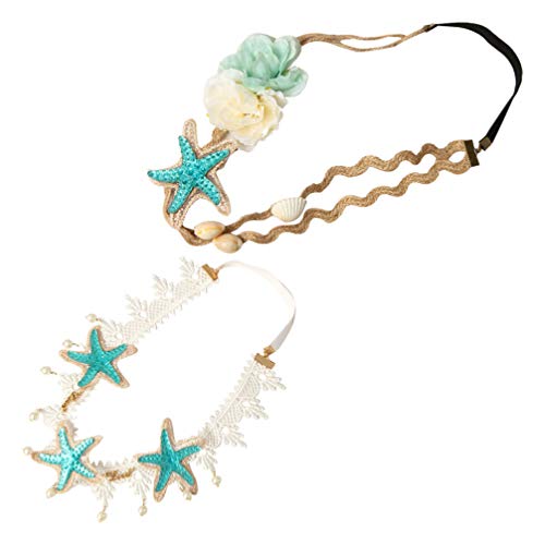 Luxshiny Diadema de Onda de Concha de Estrella de Mar de 2 Piezas Diademas de Sirena Diadema de Flores Elásticas Corona de Pelo de Concha Marina para Mujeres Niñas Cover