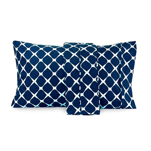 Image of Elegant Comfort Luxury Ultra-Soft 2-Piece Pillowcase Set - 1500 Premium Hotel Quality Microfiber Double Brushed - Wrinkle Resistant, King Size, Bloomingdale Pattern Navy Blue