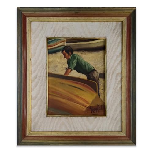 Cuadro pintado a mano – Óleo sobre lienzo – Marco rústico colorido 36 x 42 cm – Barquero – firmado por G.B. Bisconti – Escena de Marina Siciliana – Ideal para estudio o área de relajación – Fabricado