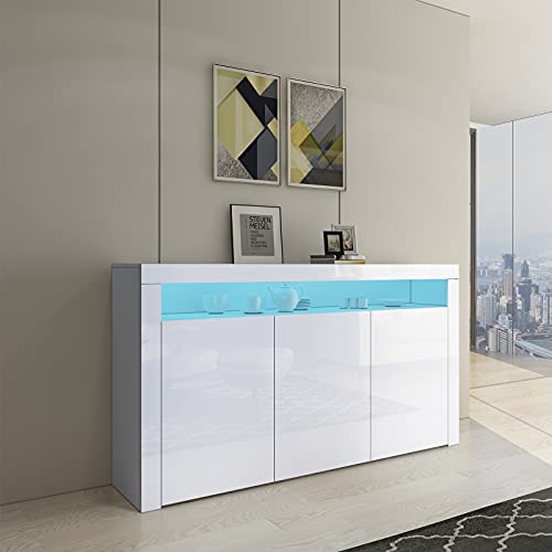 Sideboard High Gloss 3 Doors Sideboard Cabinet Storage Cupboard with LED Lights Modern Living Room Bedroom Furniture (White)