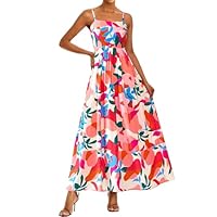 PRETTYGARDEN Summer Dresses for Women 2025 Beach Maxi Dress Spaghetti Strap Floral Boho A Line Wedding Guest Flowy Long Dress(Floral Beige Multicolored,Medium)