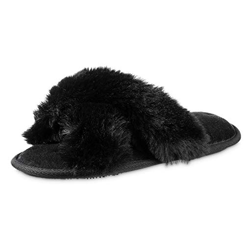 isotoner Women's Fuzzy Slipper, Cozy Open Toe Flip-Flop with a Furry Cross Band and Plush Fluffy Terry Cushion