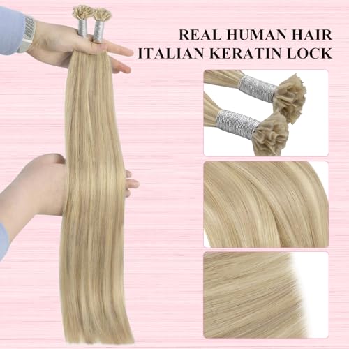 Image of YoungSee U Tip Hair Extensions Human Hair Blonde Highlight Utip Hair Extensions Human Hair Ash Blonde with Platinum Blond Highlight Keratin Hair Extension Remy Hair Ktip Extension 22In 1G /S 50G