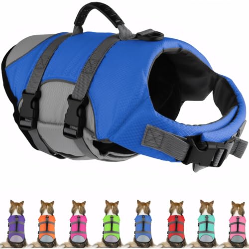 Mklhgty Dog Life Jacket, Reflective Adjustable Dog Life Vest with Rescue Handle for Swimming and Boating, Ripstop Pet Safety Life Preserver for Small, Medium and Large Dogs