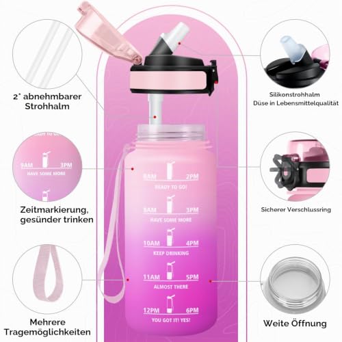 KollyKolla Trinkflasche 500ml, Sport Wasserflasche mit Strohhalm, Trinkflasche mit Zeitmarkierung, Auslaufsicher, Sportflasche für Gym… – Ansicht 2