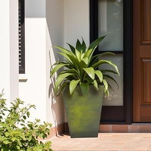 Worth Garden Large Metal Glazed Floor Planter Set of 2-14" Dia x 18" H - Luxurious Glossy Finish Green Tall Square Tapered Steel Plant Pots, Decor Flower Pot Indoor & Outdoor, Drainage Hole Worth Garden Large Metal Glazed Floor Planter Set of 2 14 Dia x 18 H Luxurious Glossy Finish Green Tall Square Tapered Steel Plant Pots Decor Flower Pot Indoor Outdoor Drainage Hole