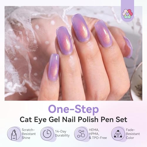 Image of SAVILAND One-Step Gel Nail Polish Pens Set: 6 Caramel Lilac Pink Colors Cateye Gel Polish 3 In 1 Gel Polish Set Base Color Top Gel for Cat-Eye Effect DIY Nail Art Gift Home Travel 4 ml