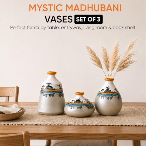 Image of Aakriti Art Creations Mystic Madhubani Vessel Set of 3 | Grey Terracotta Flower Vases | Matte Finish Decorative Vases for Living Room, Table Decor & Gifting