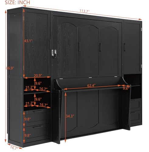Image of Merax Queen Size Murphy Bed with Desk, Multifunctional Foldable Wall Bed with Closet, Drawers and Shelves, Space-Saving Wood Bed Frame for Small Space Studio Study Office Guest Room, Black(Oak Veneer)