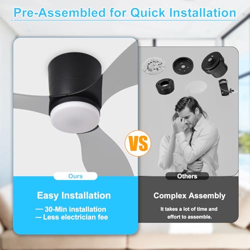 Image of Depuley Flush Mount Ceiling Fan: 52-Inch Black Ceiling Fans with Lights for Bedroom Indoor Outdoor - Low Profile Ceiling Fans with Remote Control 24W 3CCT Dimmable 3 Reversible Black Blades 6 Speeds