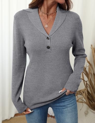 Image of LOMON Sweaters for Women 2025 Fall Knitted V-Neck Collared Button Pullover Dressy Casual Long Sleeve Polo Shirts Business