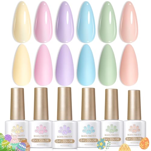 Born Pretty Pastel Gel Nail Polish Set Spring Summer Gel Polish Macaron Candy Sweet Color Gel Polish Easter Soft Pink Yellow Purple Blue Green Colors Collection Nail Art Gift Box 7ML 6PCS