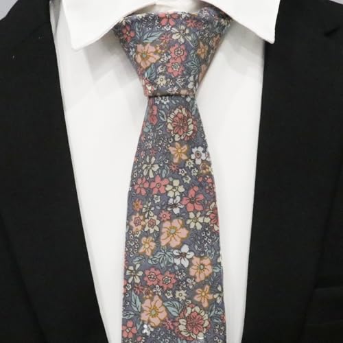 Image of Cotton Floral Ties for Men 2.76 inch Men's Skinny Tie Linen Flower Printed Neck Tie for Wedding Dating Party
