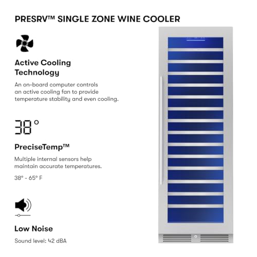 Image of Zephyr Presrv 24 Inch Wine Fridge Full Size Single Zone - Tall Wine Cooler Cellars Large Cabinet Wine Refrigerator Home Bar Chiller Freestanding with Glass Door for 148 bottles 750ml