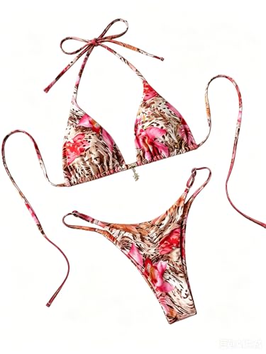 Tainehs Women's Brazillian Triangle Thong Bikini Set Sexy String Two Piece Swimsuit Bathing Suit Pink Floral