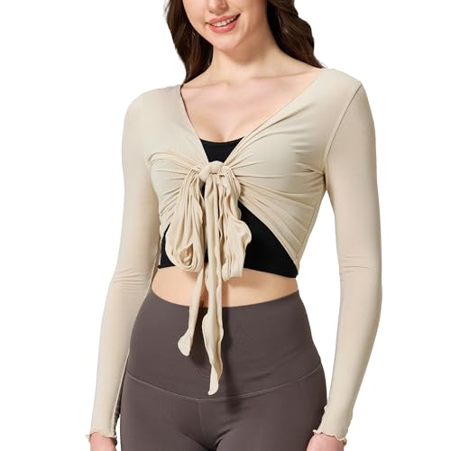 netdraw Buttery Soft Bamboo Viscose Wrap Tops Tie Front Ballet Long Sleeve Crop Pilates Cardigan Yoga Outfits Beige Medium