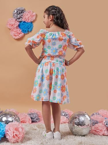 Image of PS PEACHES Girls Polyester Square Neck Half Sleeves White Skirts Set