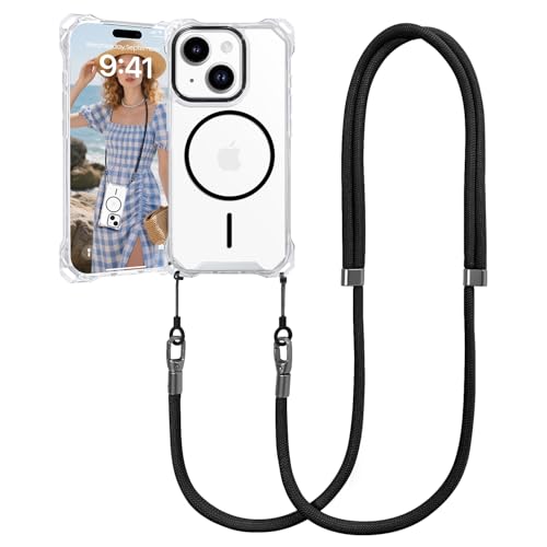 VooDirop for iPhone 14 Case with Crossbody Lanyard Compatible with MagSafe Clear Magnetic Phone Case with Strap Adjustable Shockproof Drop Protection for iPhone 14 6.1