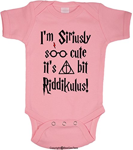 BeeGeeTees I'm Siriously Soo Cute It's A Bit Riddikulus Funny Wizard Baby Wizard One Piece (Boys and Girls) (6 Months, 3 Pink)